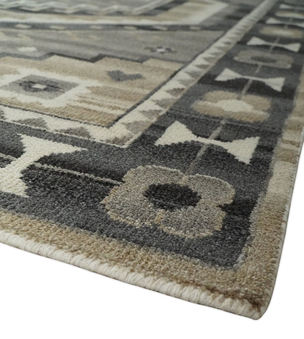 Hand Knotted Ivory, Charcoal and Beige Traditional Medallion Natural Wool Multi Size Area Rug, Kids, Living Room and Bedroom Rug