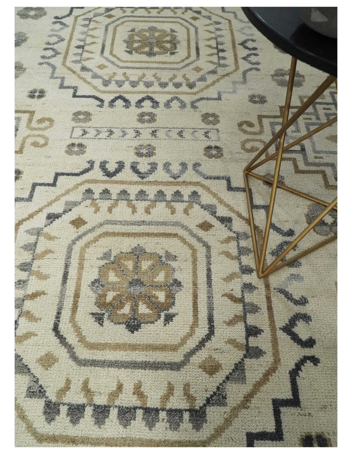 Hand Knotted Ivory, Gray and Beige Traditional Medallion Natural Wool Custom Made Area Rug, Kids, Living Room and Bedroom Rug