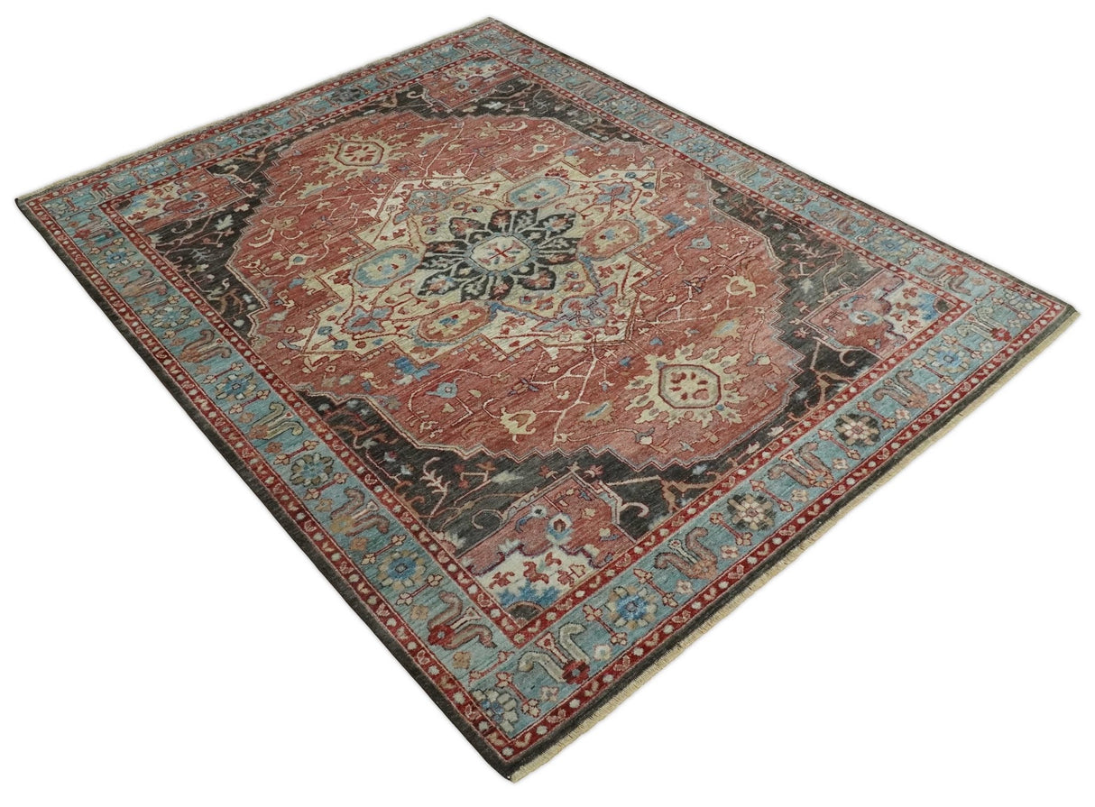 Hand Knotted Ivory, Rust and Blue Antique Persian Heriz Serapi Wool Rug, 5x8, 6x9, 8x10 and 9x12 Living Room Rug | TRD2557