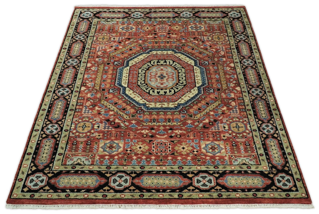 Hand Knotted Traditional Kazak Medallion Rust and Black Multi Size wool Area Rug