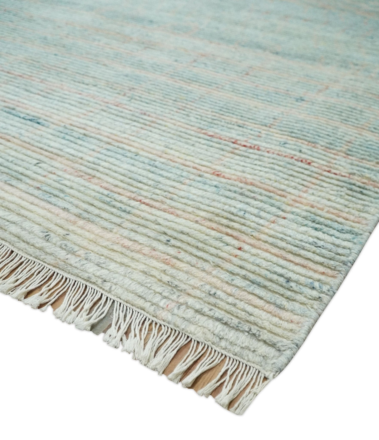 Hand Knotted Modern Abstract Blue and Peach Trellis Moroccan Made with Blended Wool Multi Size Area Rug