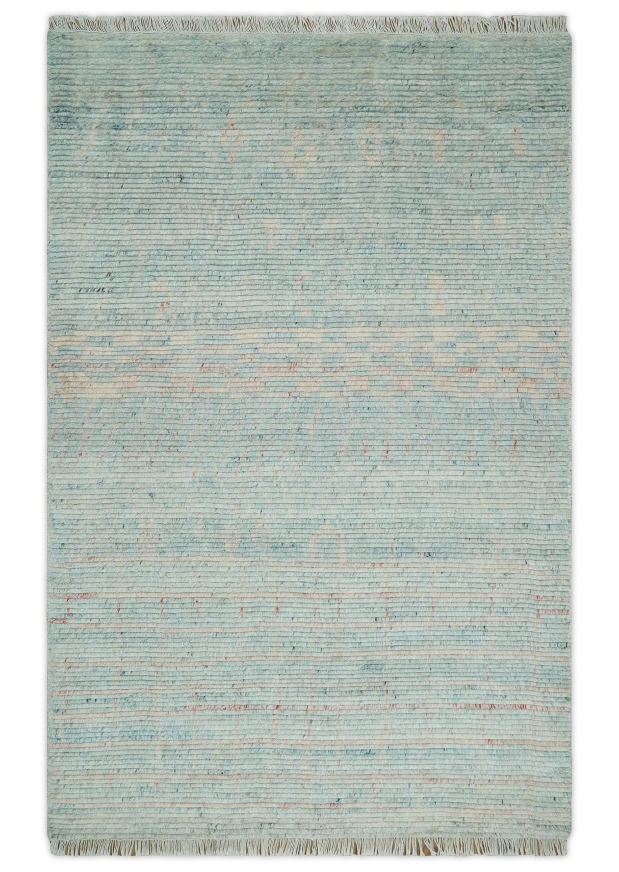 Hand Knotted Modern Abstract Blue and Peach Trellis Moroccan Made with Blended Wool Multi Size Area Rug