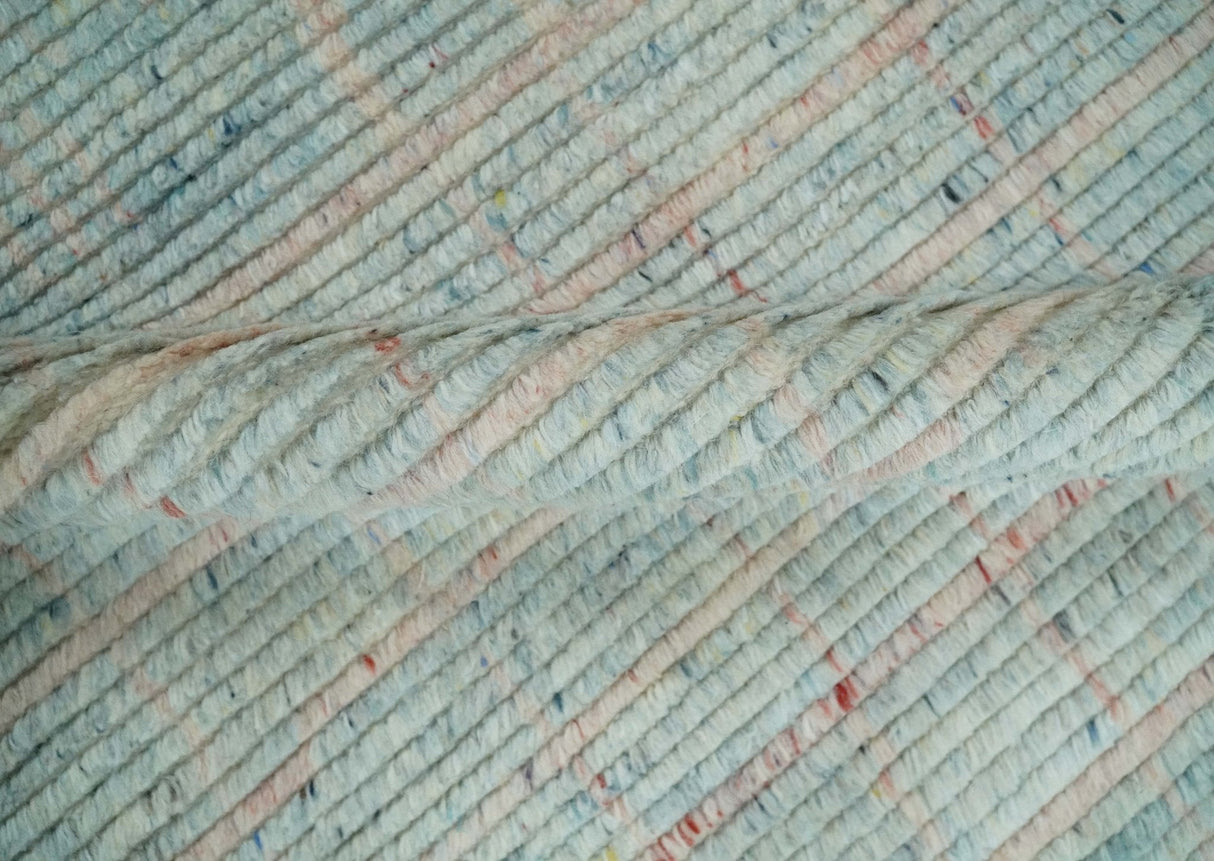 Hand Knotted Modern Abstract Blue and Peach Trellis Moroccan Made with Blended Wool Multi Size Area Rug