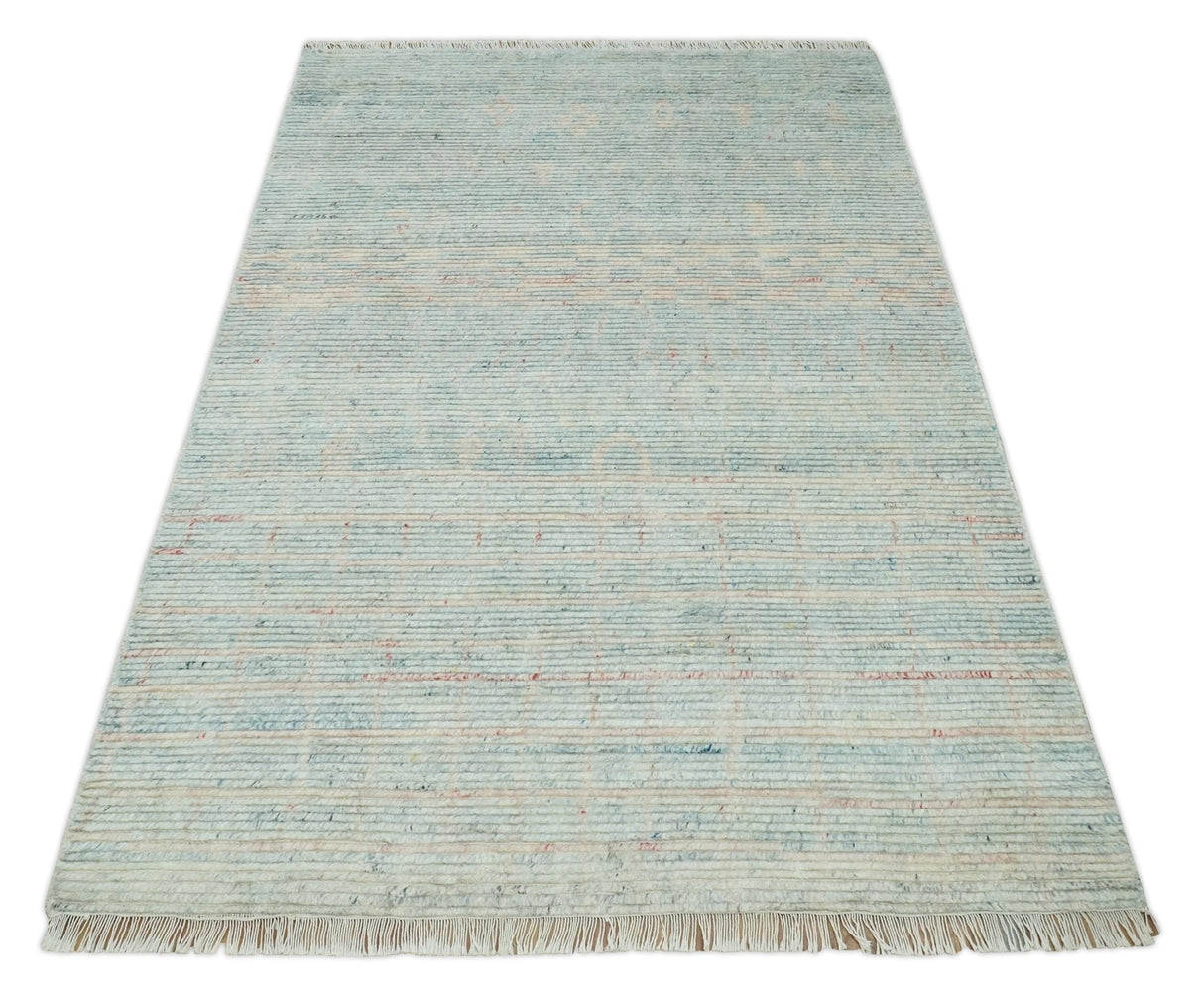 Hand Knotted Modern Abstract Blue and Peach Trellis Moroccan Made with Blended Wool Multi Size Area Rug