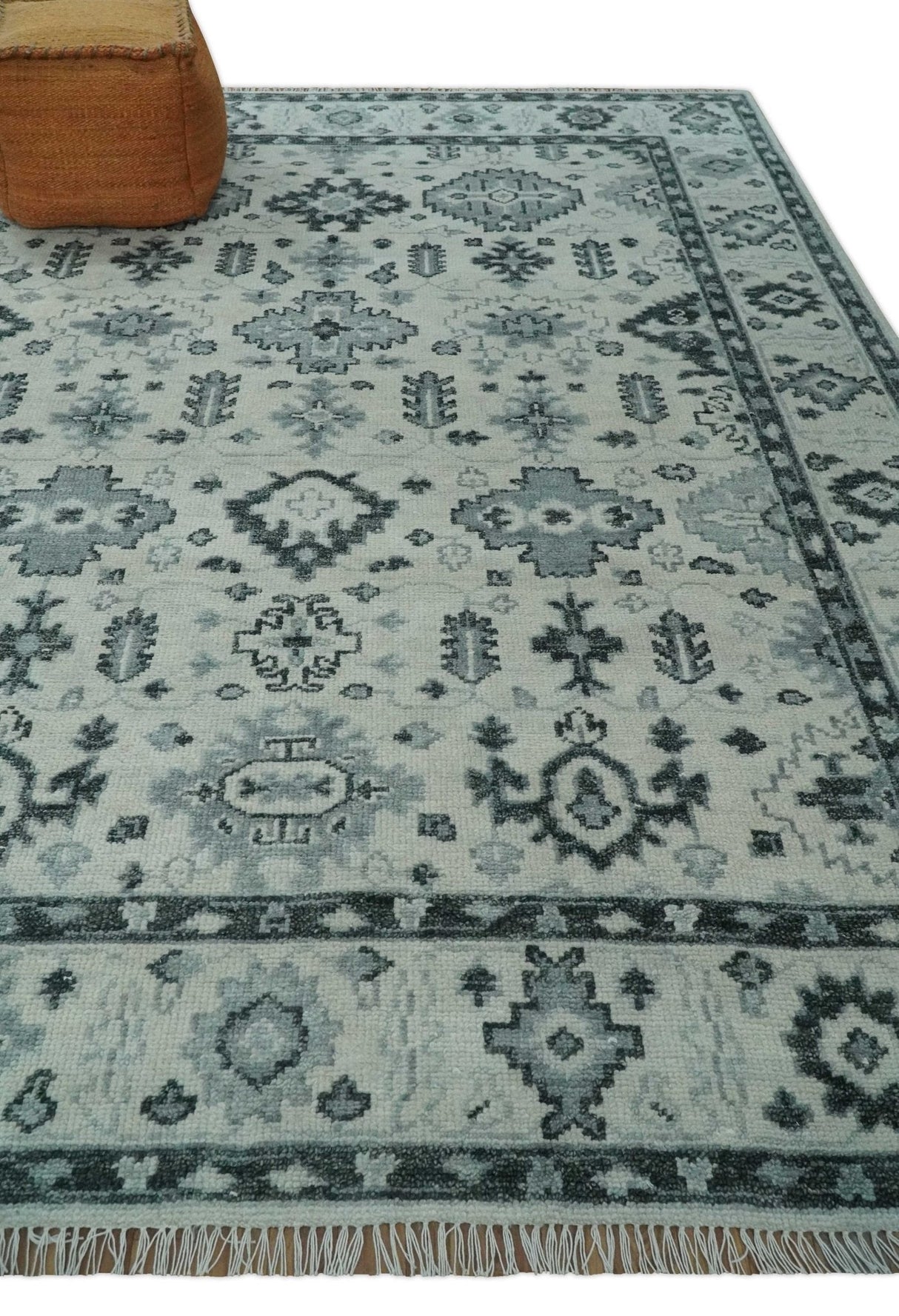 Hand Knotted Multi size Ivory, Silver and Charcoal Antique Turkish Oushak Wool Area Rug