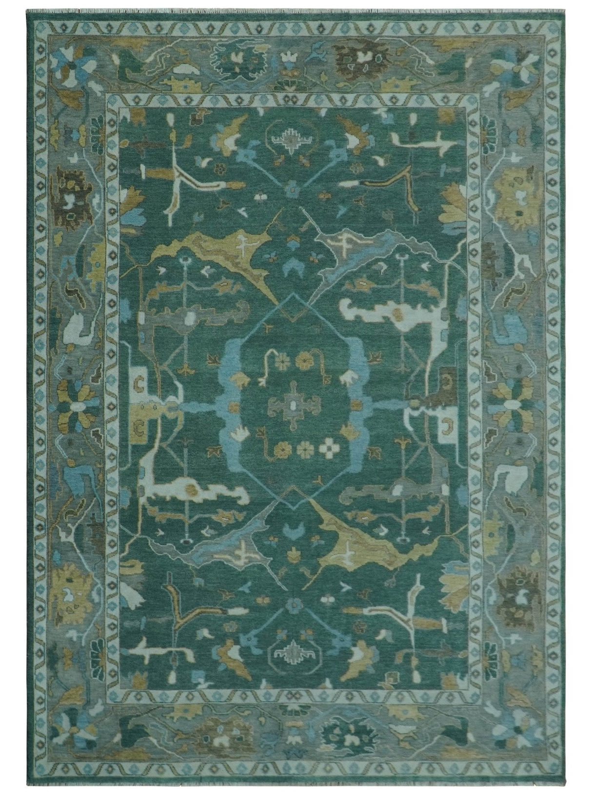 Hand Knotted Oriental Oushak Green and Gray Multi Size Wool Area Rug