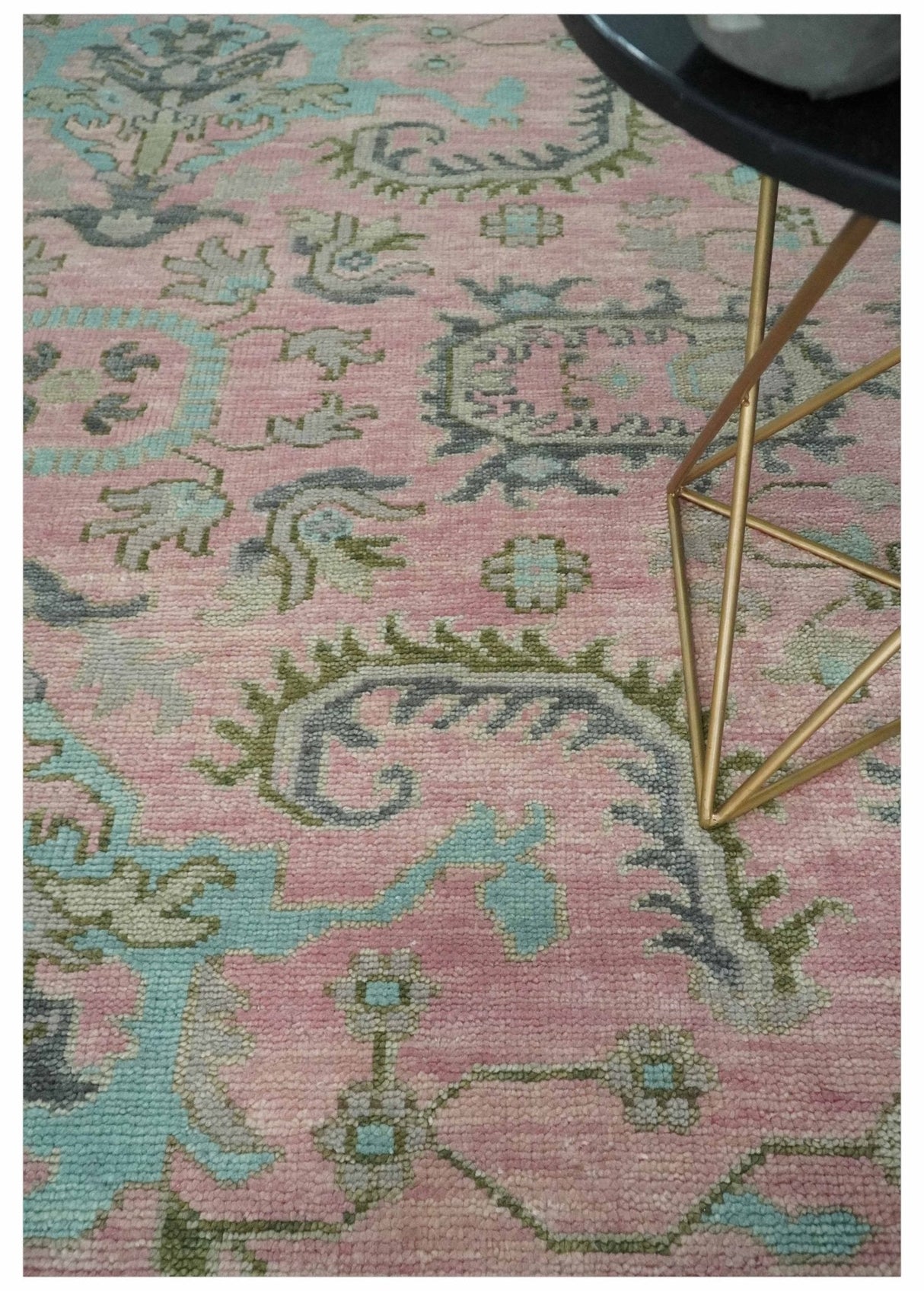 Hand Knotted Pink and Aqua Oriental Oushak Multi Size Traditional Wool Area Rug, Living Room and Bedroom Rug