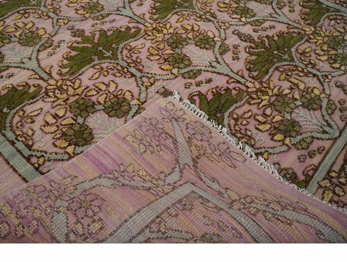 Hand Knotted Pink, Green and Beige Floral Traditional Antique Style Wool Area Rug