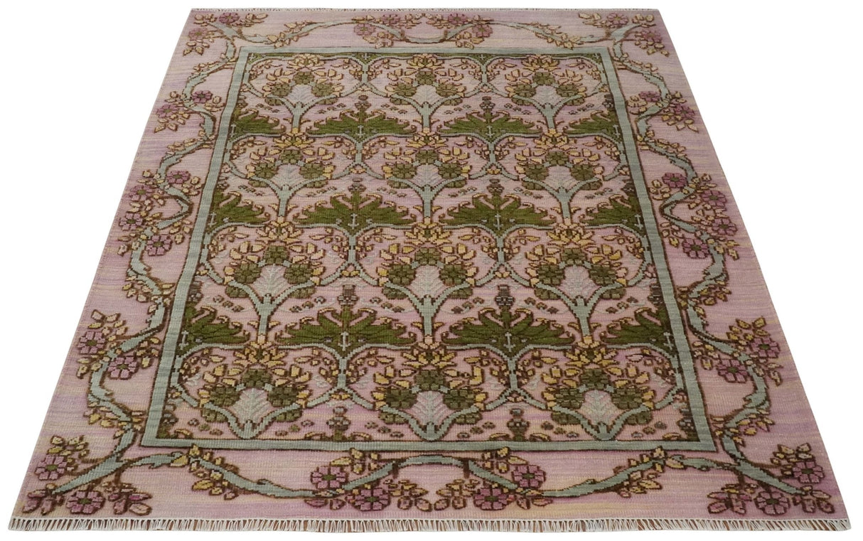 Hand Knotted Pink, Green and Beige Floral Traditional Antique Style Wool Area Rug