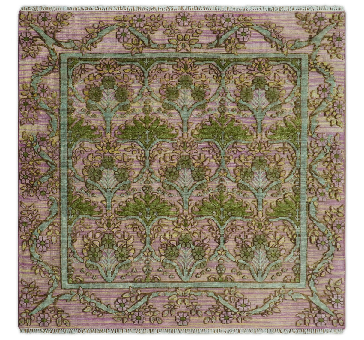 Hand Knotted Pink, Green and Beige Floral Traditional Antique Style Wool Area Rug