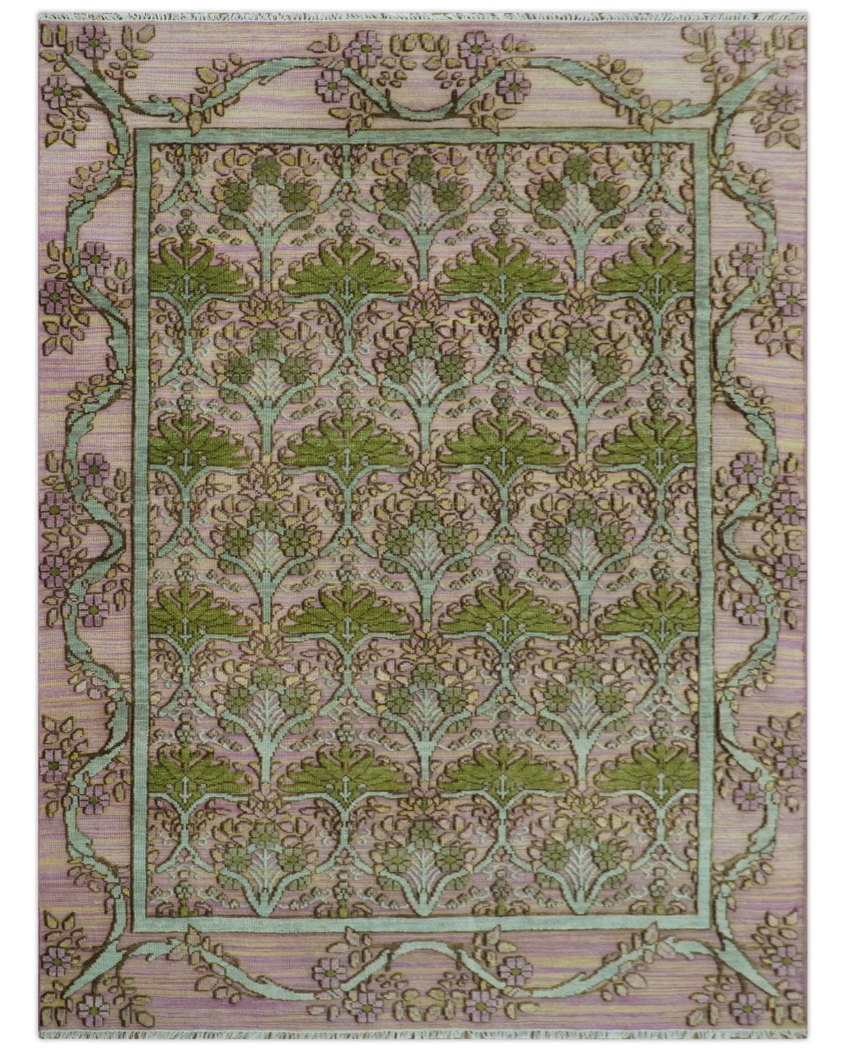 Hand Knotted Pink, Green and Beige Floral Traditional Antique Style Wool Area Rug