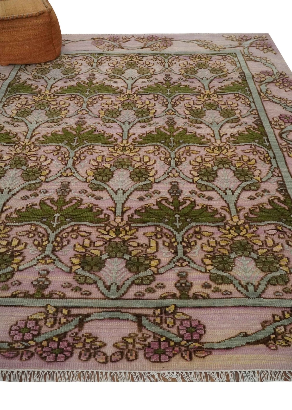 Hand Knotted Pink, Green and Beige Floral Traditional Antique Style Wool Area Rug