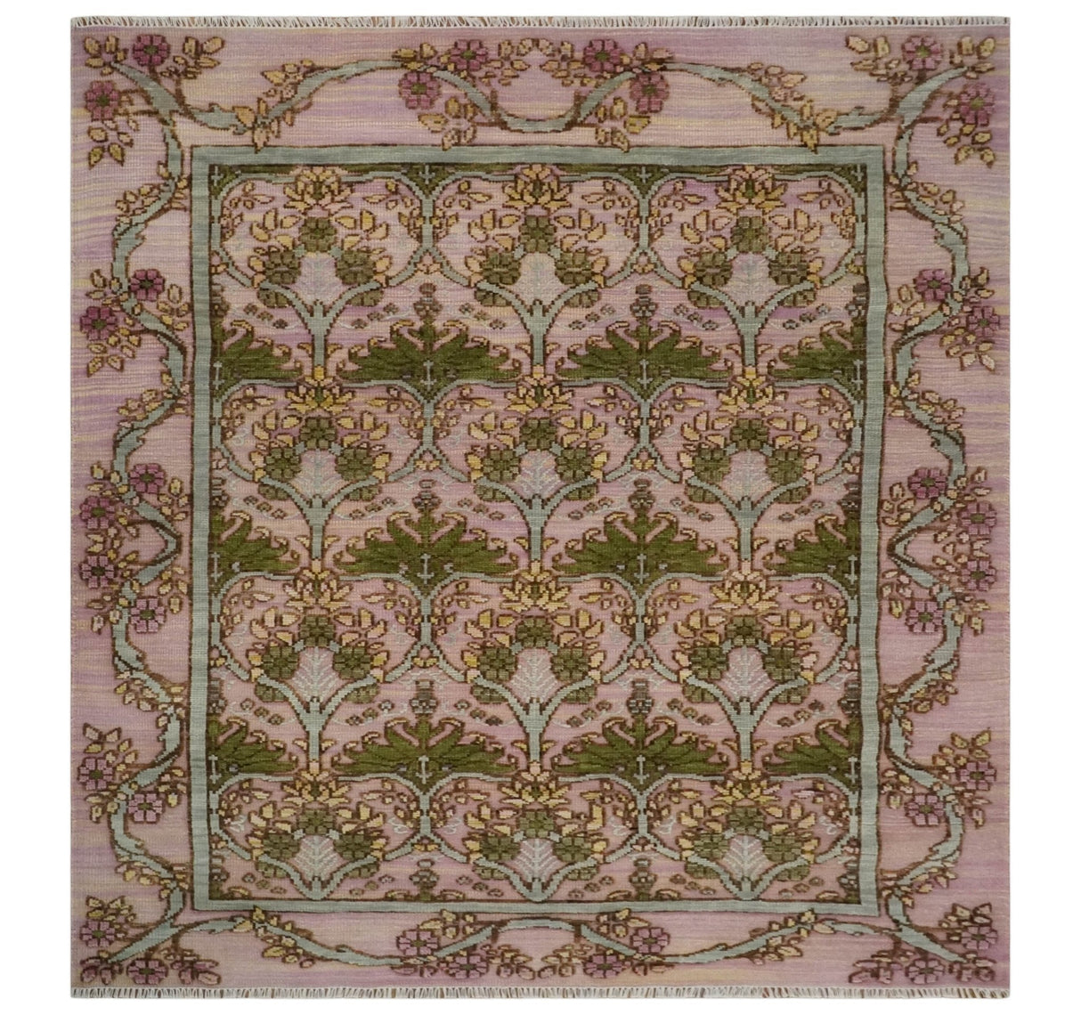 Hand Knotted Pink, Green and Beige Floral Traditional Antique Style Wool Area Rug