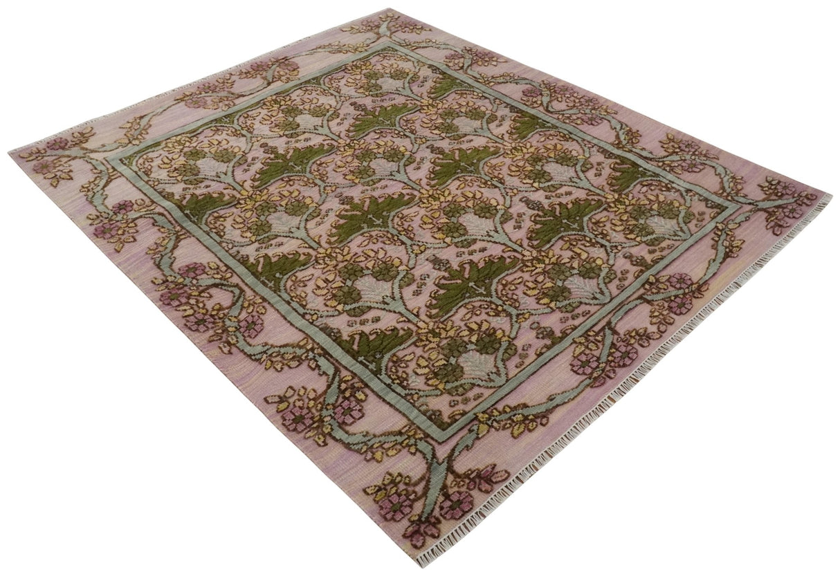 Hand Knotted Pink, Green and Beige Floral Traditional Antique Style Wool Area Rug