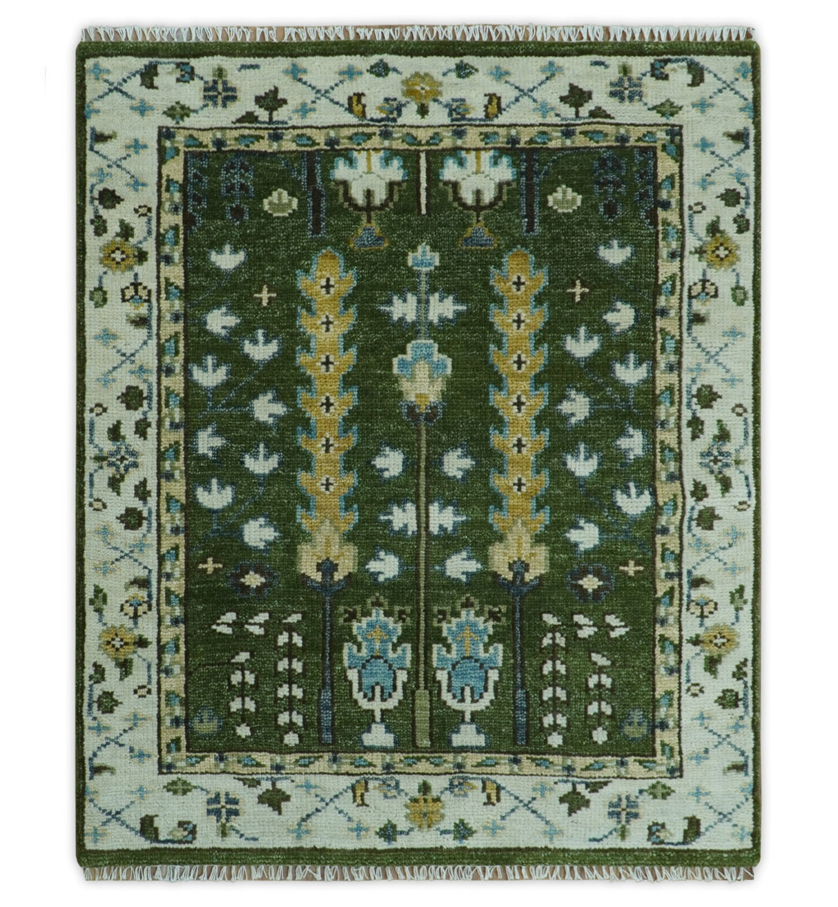 Hand Knotted Royal Green and Ivory Traditional Turkish Style Tree Of Life Multi Size Wool Area Rug