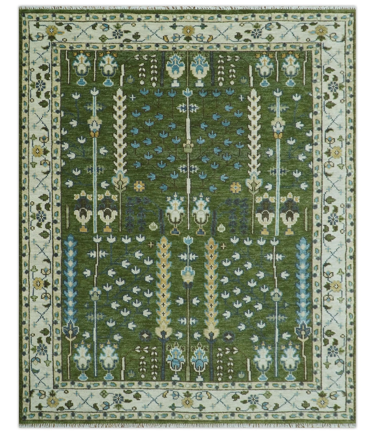 Hand Knotted Royal Green and Ivory Traditional Turkish Style Tree Of Life Multi Size Wool Area Rug