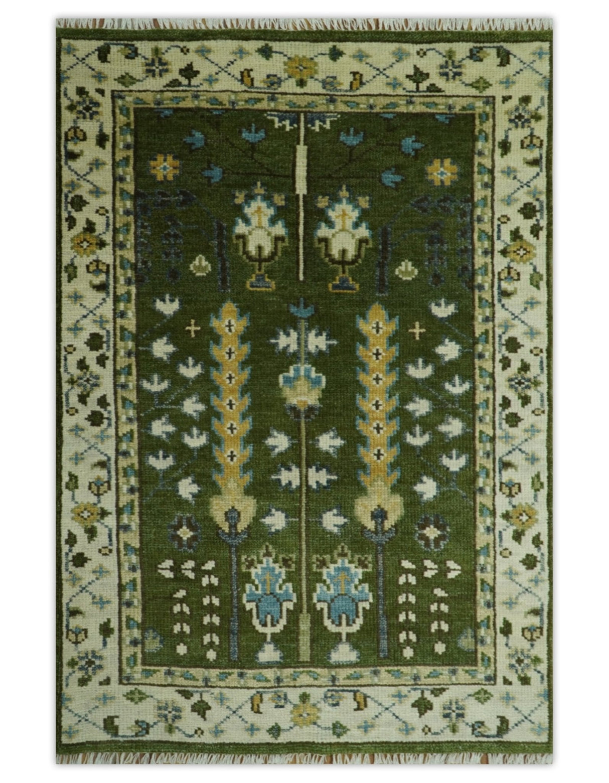 Hand Knotted Royal Green and Ivory Traditional Turkish Style Tree Of Life Multi Size Wool Area Rug