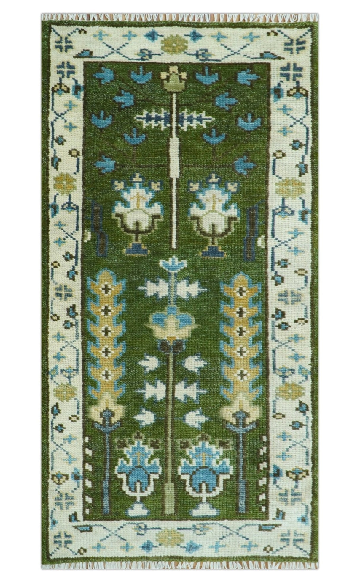 Hand Knotted Royal Green and Ivory Traditional Turkish Style Tree Of Life Multi Size Wool Area Rug
