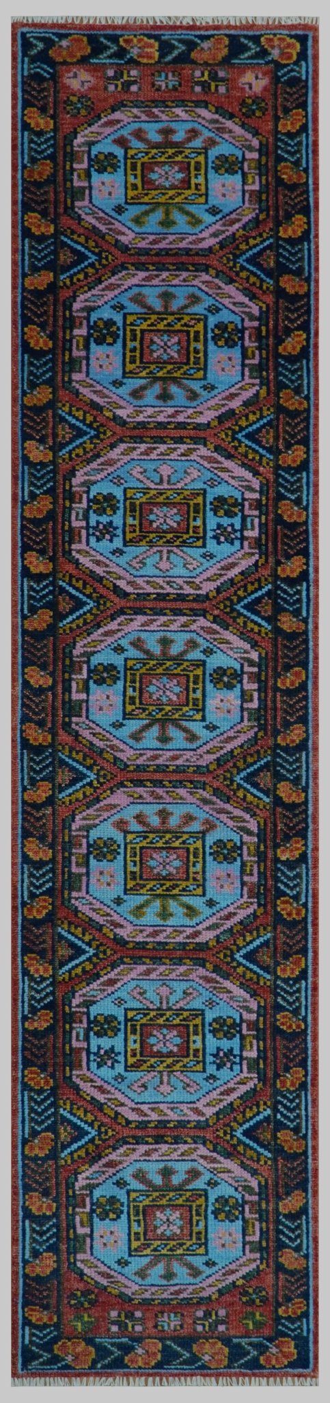 Hand Knotted Rust and Blue Traditional Antique look Multi Size Wool Area Rug