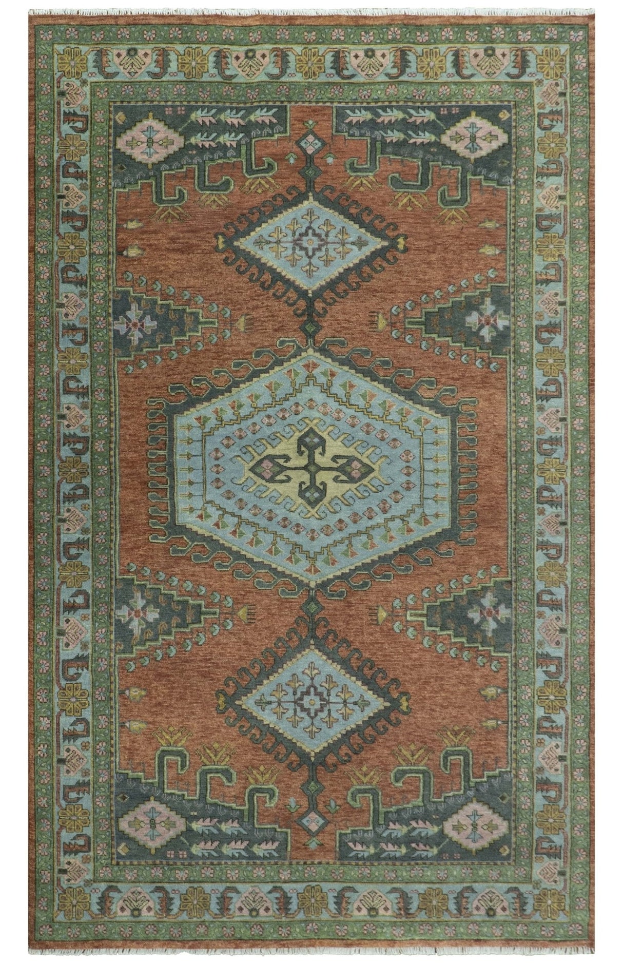 Hand Knotted Rust, Blue and Olive Traditional Antique Persian Rug
