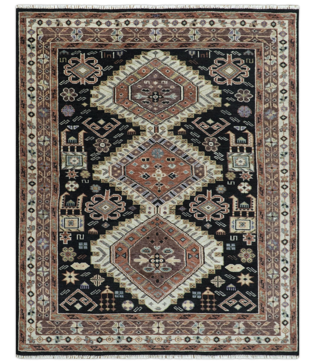 Hand Knotted Rust, Ivory and Black Traditional Heriz Wool Area Rug