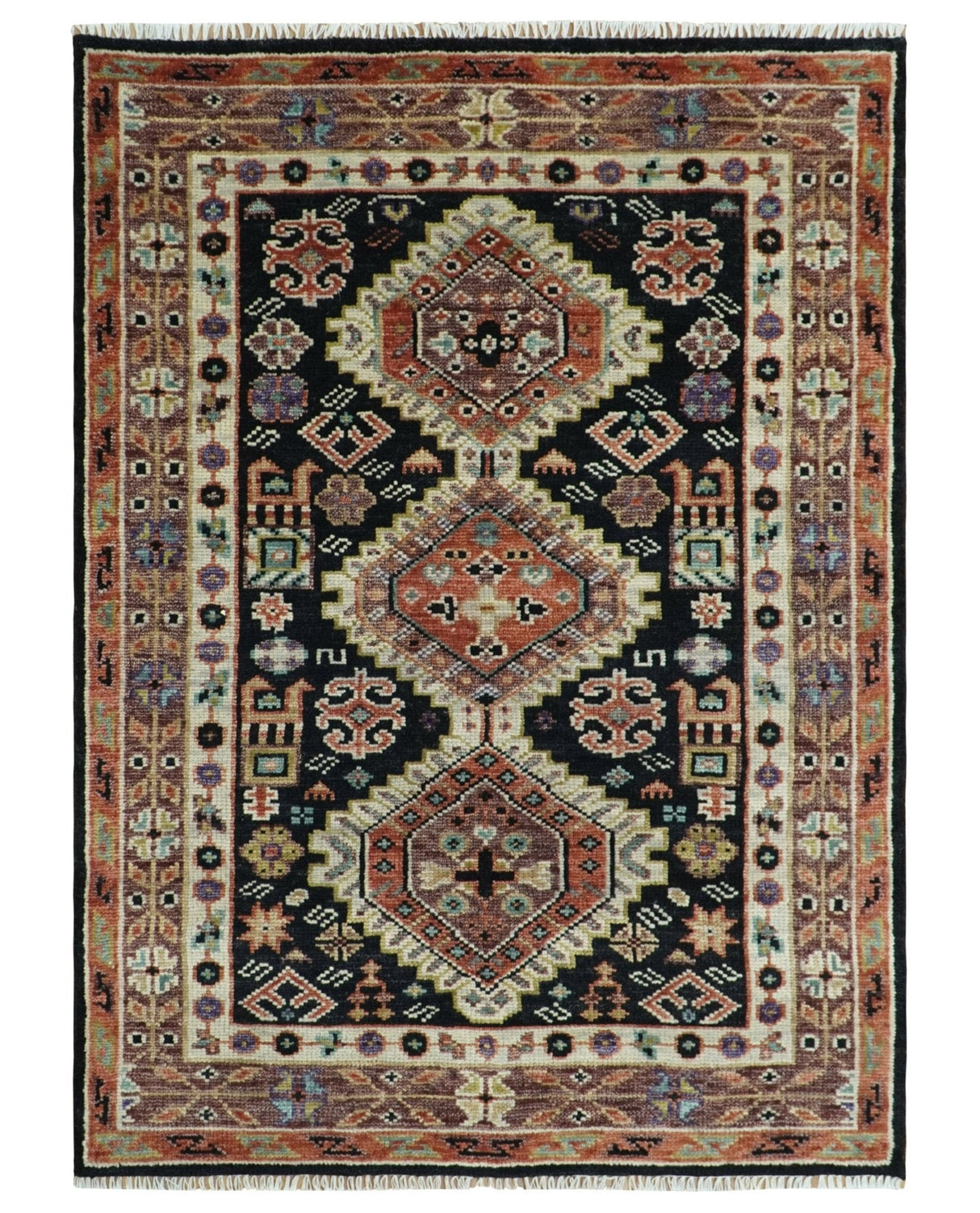 Hand Knotted Rust, Ivory and Black Traditional Heriz Wool Area Rug
