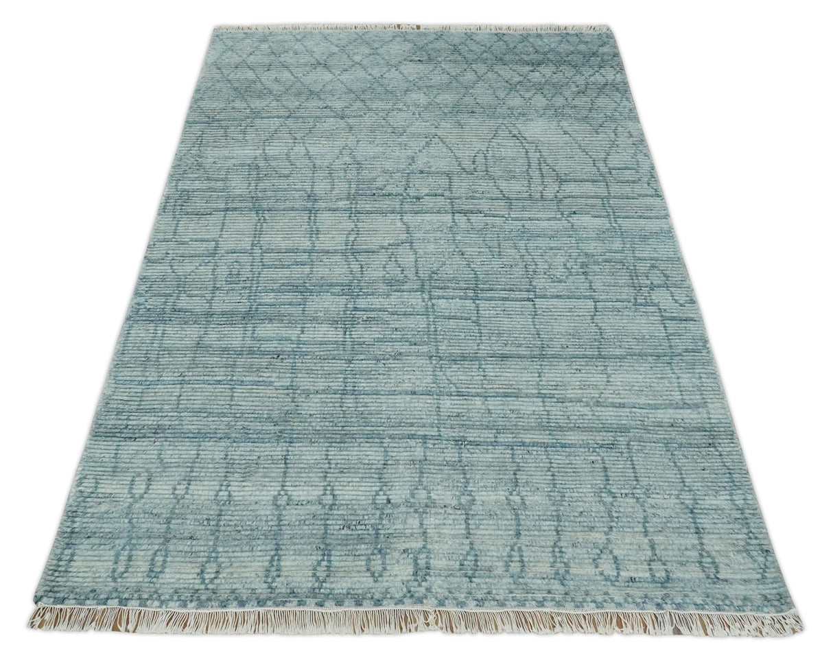 Hand Knotted Silver and Blue Modern Trellis Moroccan Rug Made with Blended Wool Multi Size Rug