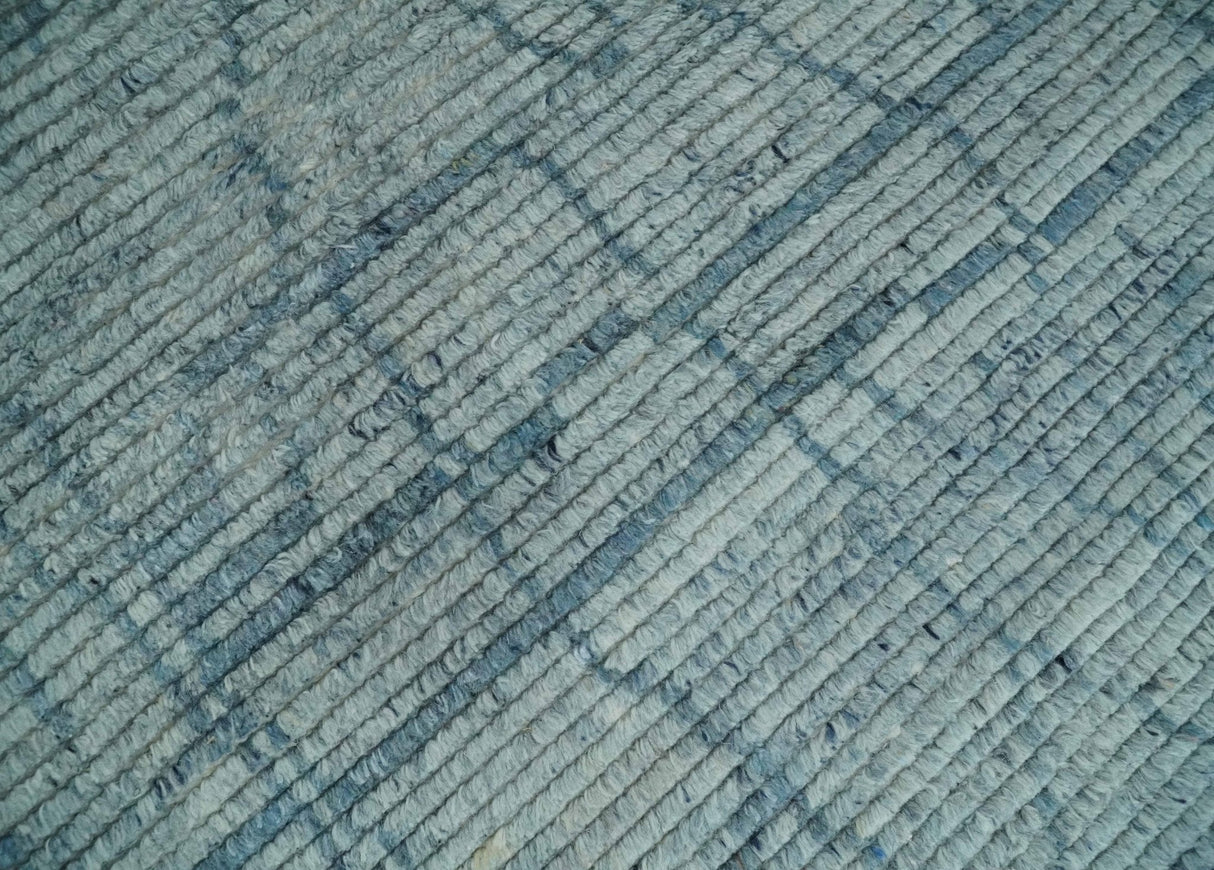 Hand Knotted Silver and Blue Modern Trellis Moroccan Rug Made with Blended Wool Multi Size Rug