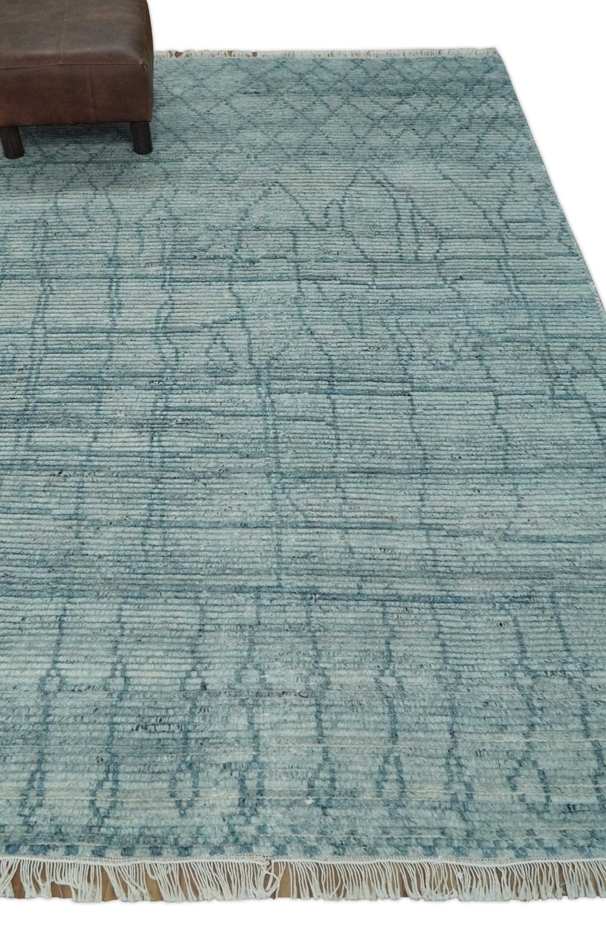 Hand Knotted Silver and Blue Modern Trellis Moroccan Rug Made with Blended Wool Multi Size Rug
