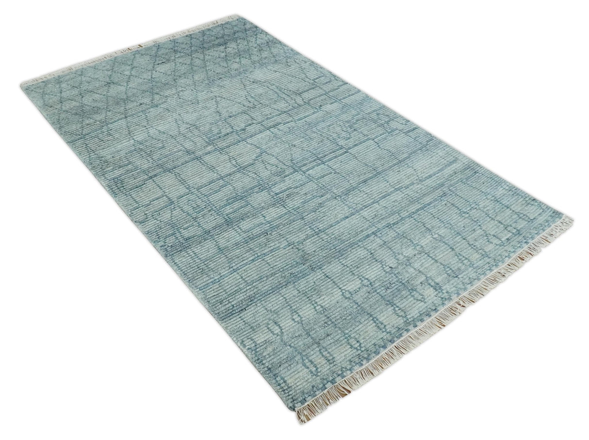 Hand Knotted Silver and Blue Modern Trellis Moroccan Rug Made with Blended Wool Multi Size Rug