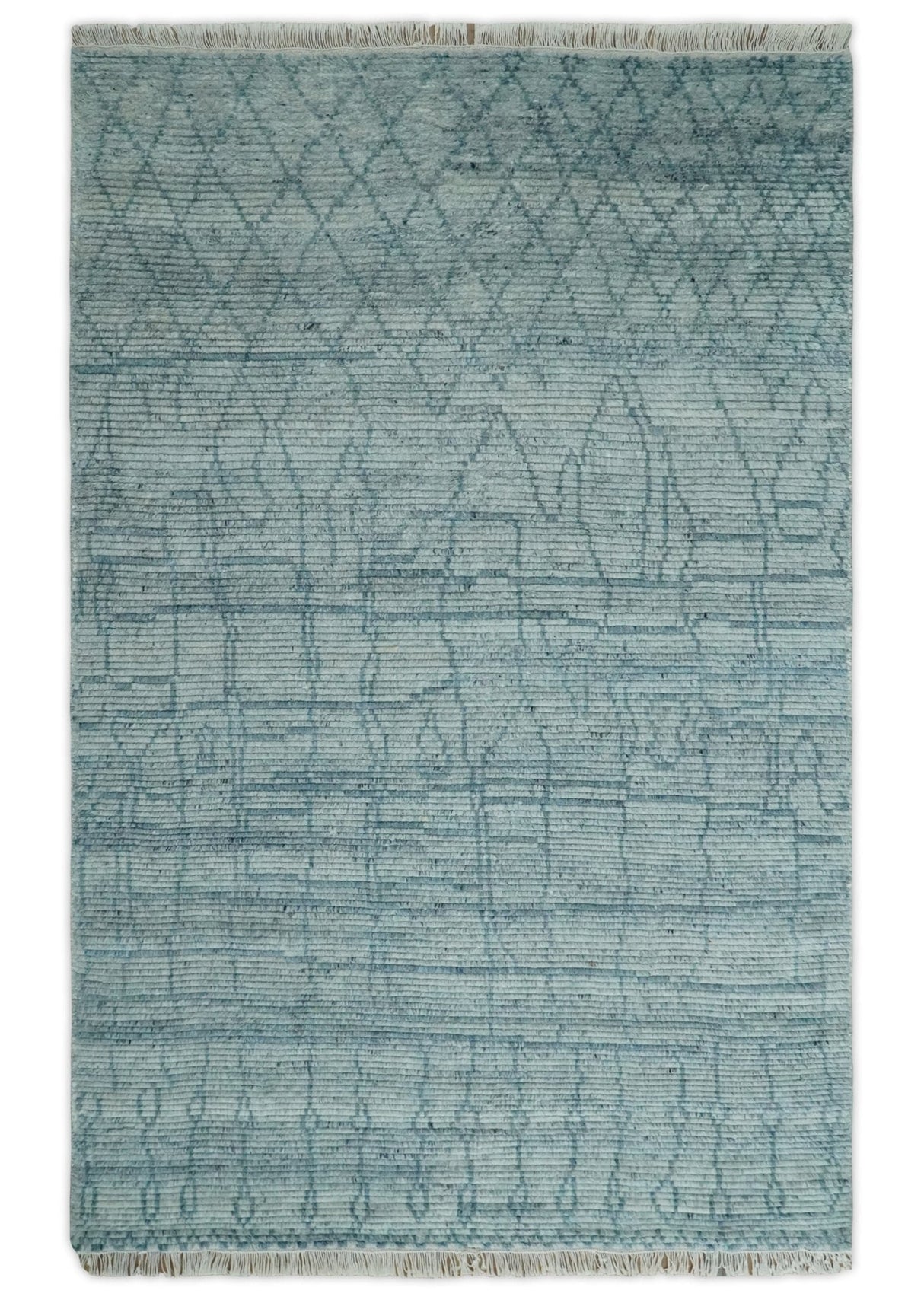 Hand Knotted Silver and Blue Modern Trellis Moroccan Rug Made with Blended Wool Multi Size Rug
