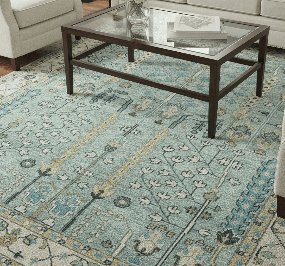 Hand Knotted Traditional Blue and Ivory Antique Oushak Custom Made Wool Area Rug