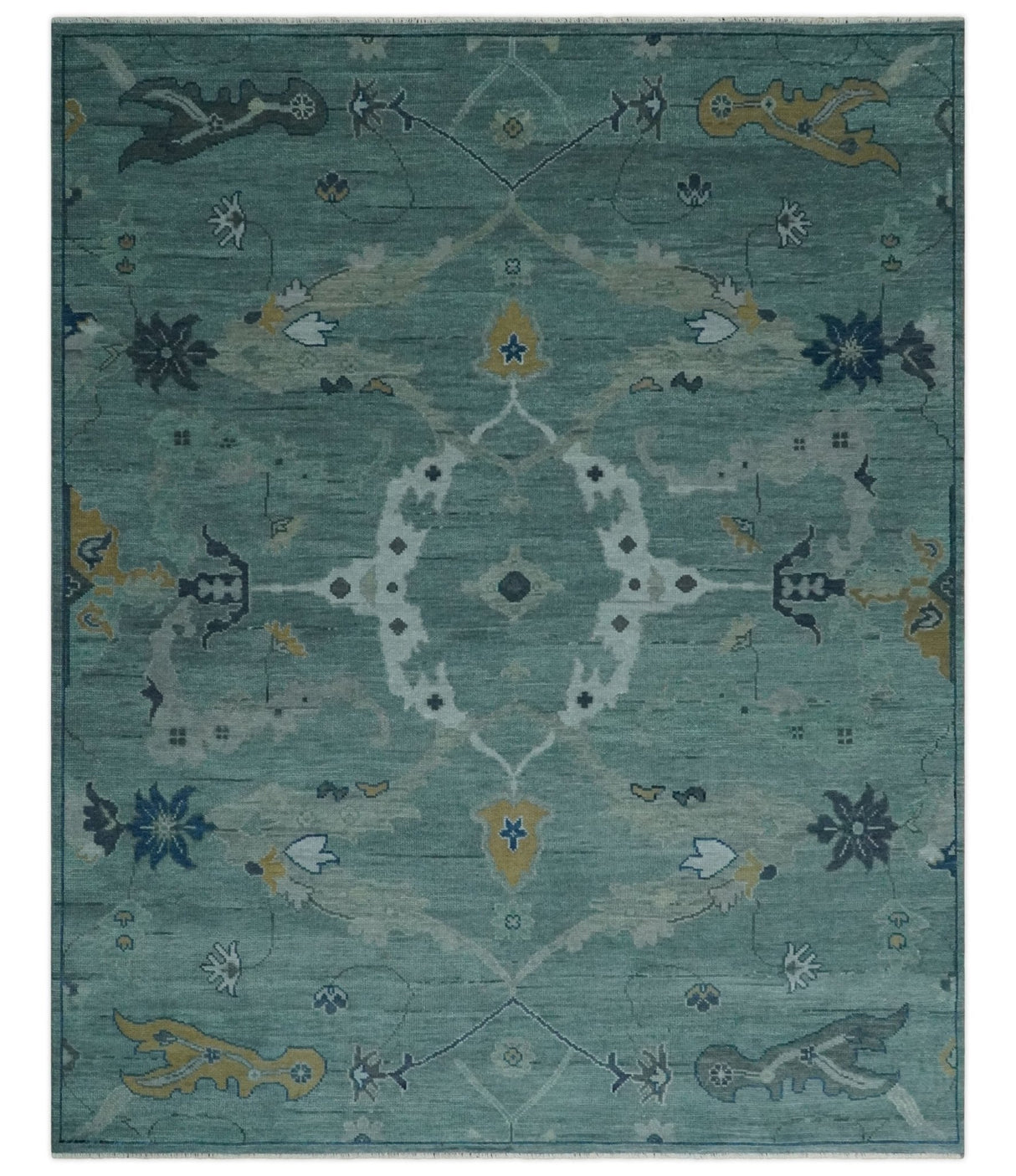 Hand Knotted Traditional Oriental Oushak Antique Style Green Wool Area Rug