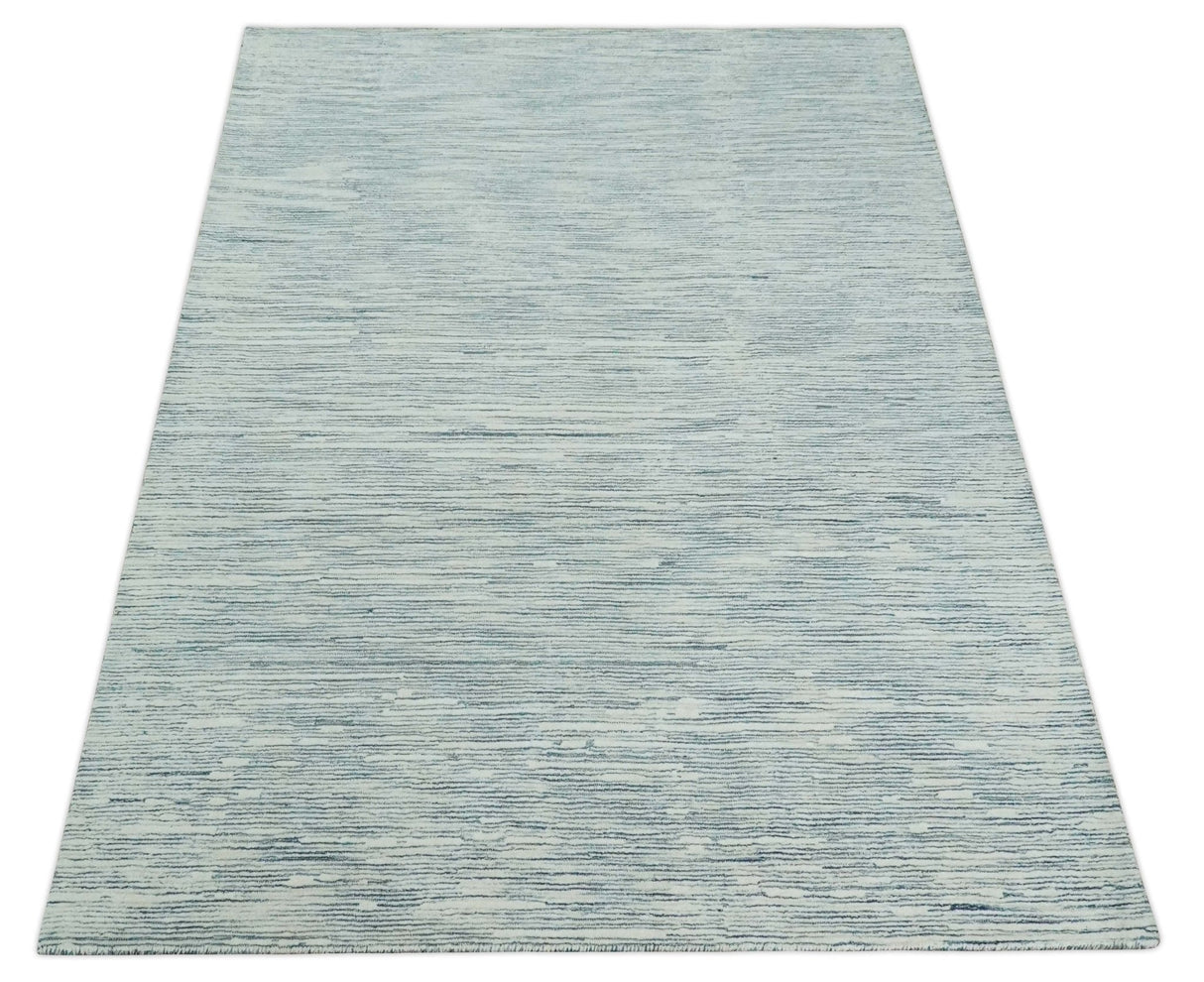 Hand Tufted Woolen Modern White and Blue Custom Made Area Rug
