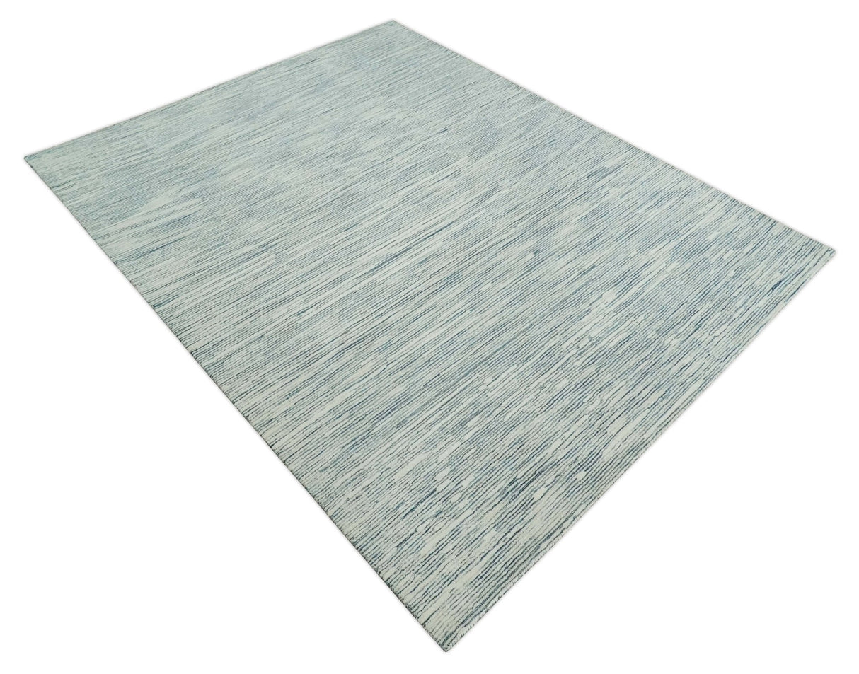Hand Tufted Woolen Modern White and Blue Custom Made Area Rug