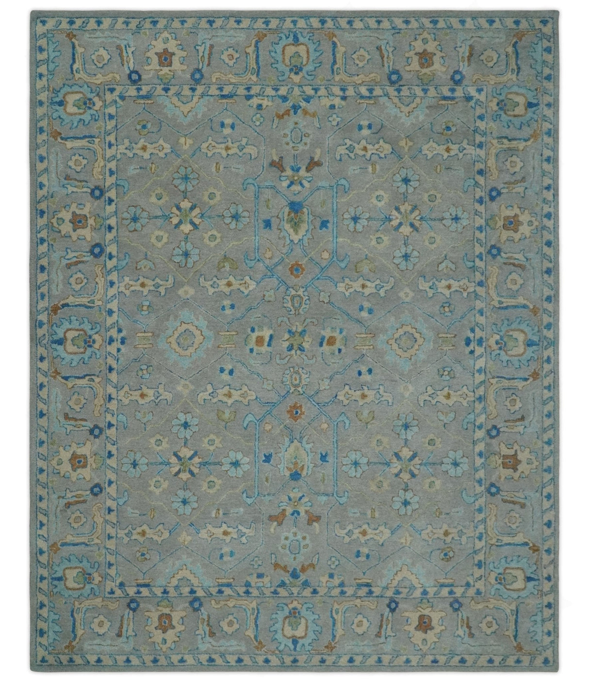Hand Tufted Gray, Beige and Accent Blue Multi Size 8x10 Traditional Herati Design Wool Rug