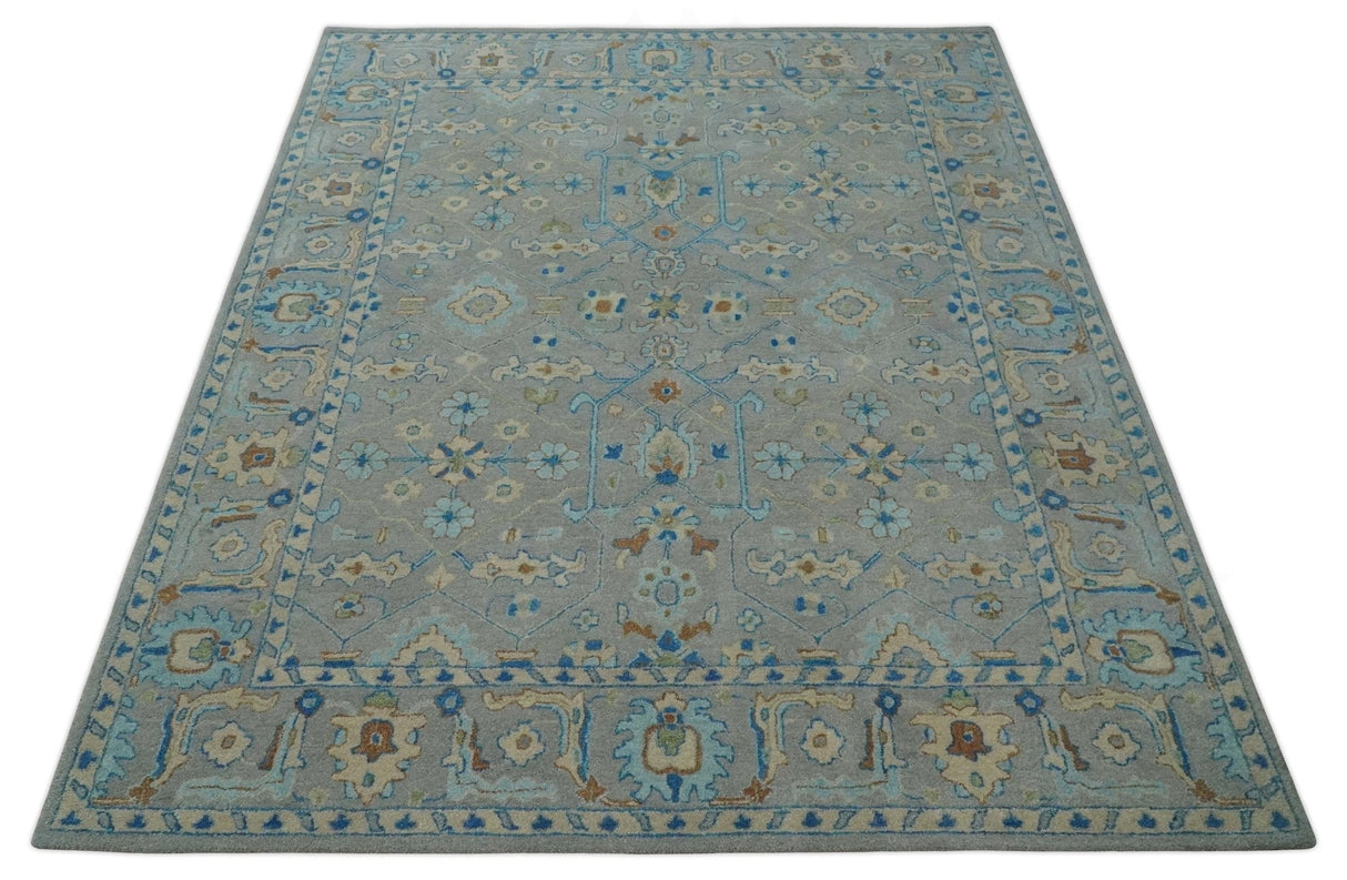 Hand Tufted Gray, Beige and Accent Blue Multi Size 8x10 Traditional Herati Design Wool Rug