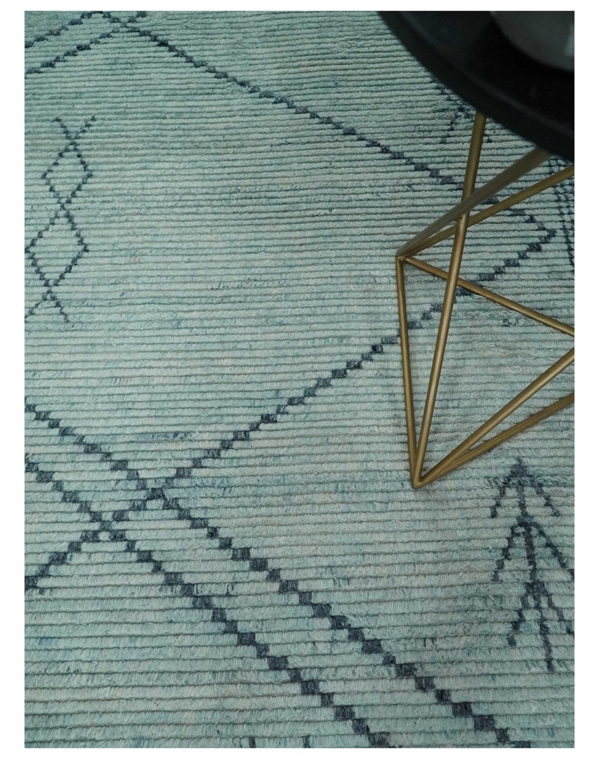 Custom Made Hand Woven Silver and Blue Abstract Trellis Moroccan Rug Made with Blended Wool