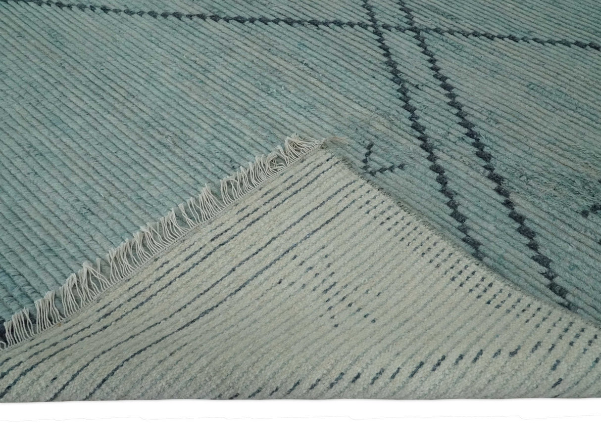 Custom Made Hand Woven Silver and Blue Abstract Trellis Moroccan Rug Made with Blended Wool