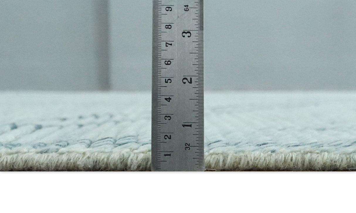 Custom Made Hand Woven Silver and Blue Abstract Trellis Moroccan Rug Made with Blended Wool