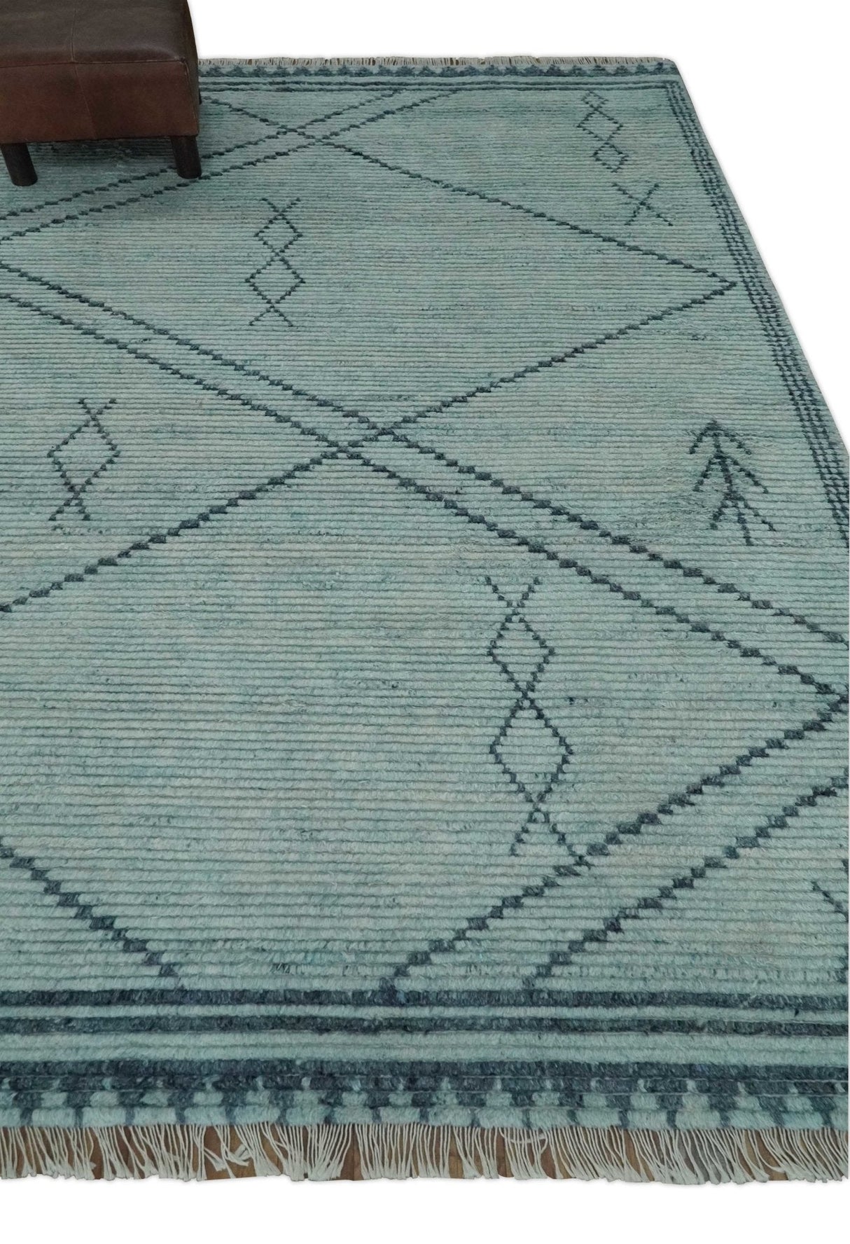 Custom Made Hand Woven Silver and Blue Abstract Trellis Moroccan Rug Made with Blended Wool