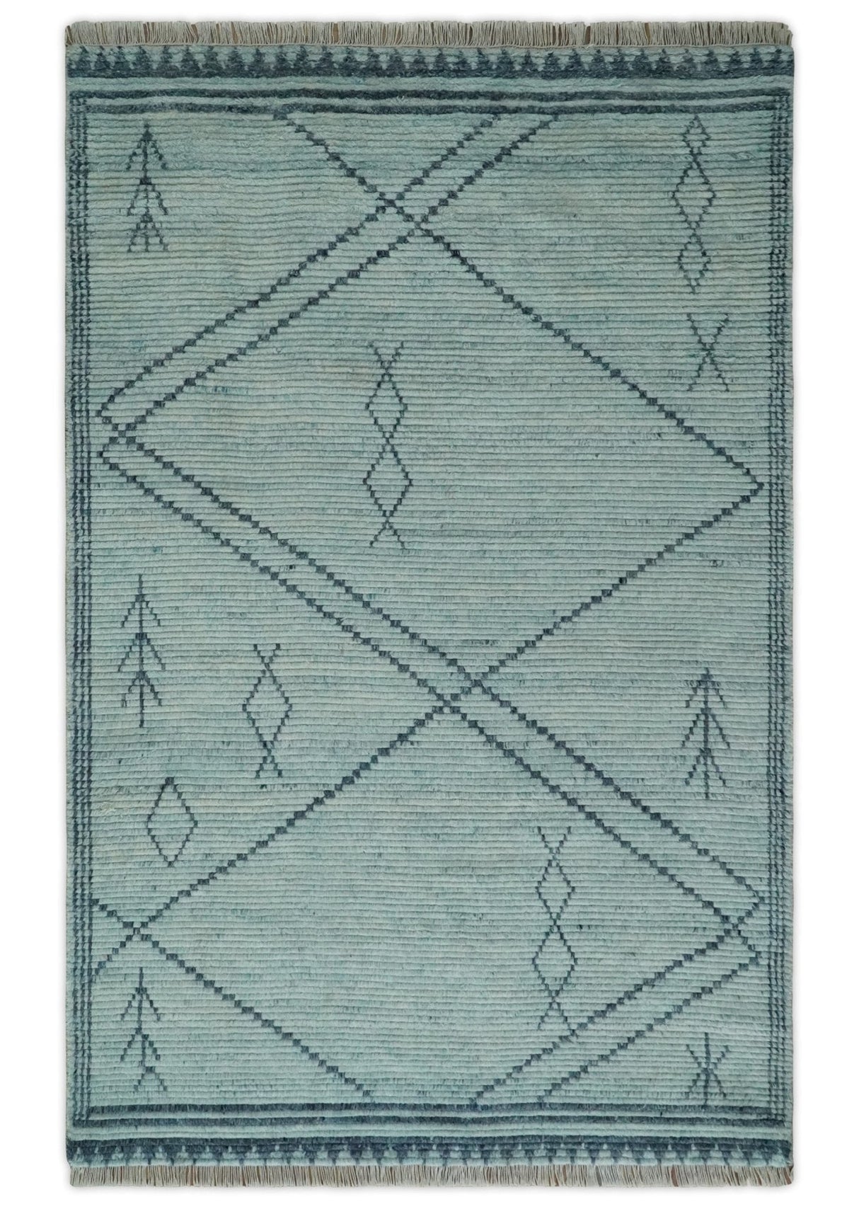 Custom Made Hand Woven Silver and Blue Abstract Trellis Moroccan Rug Made with Blended Wool