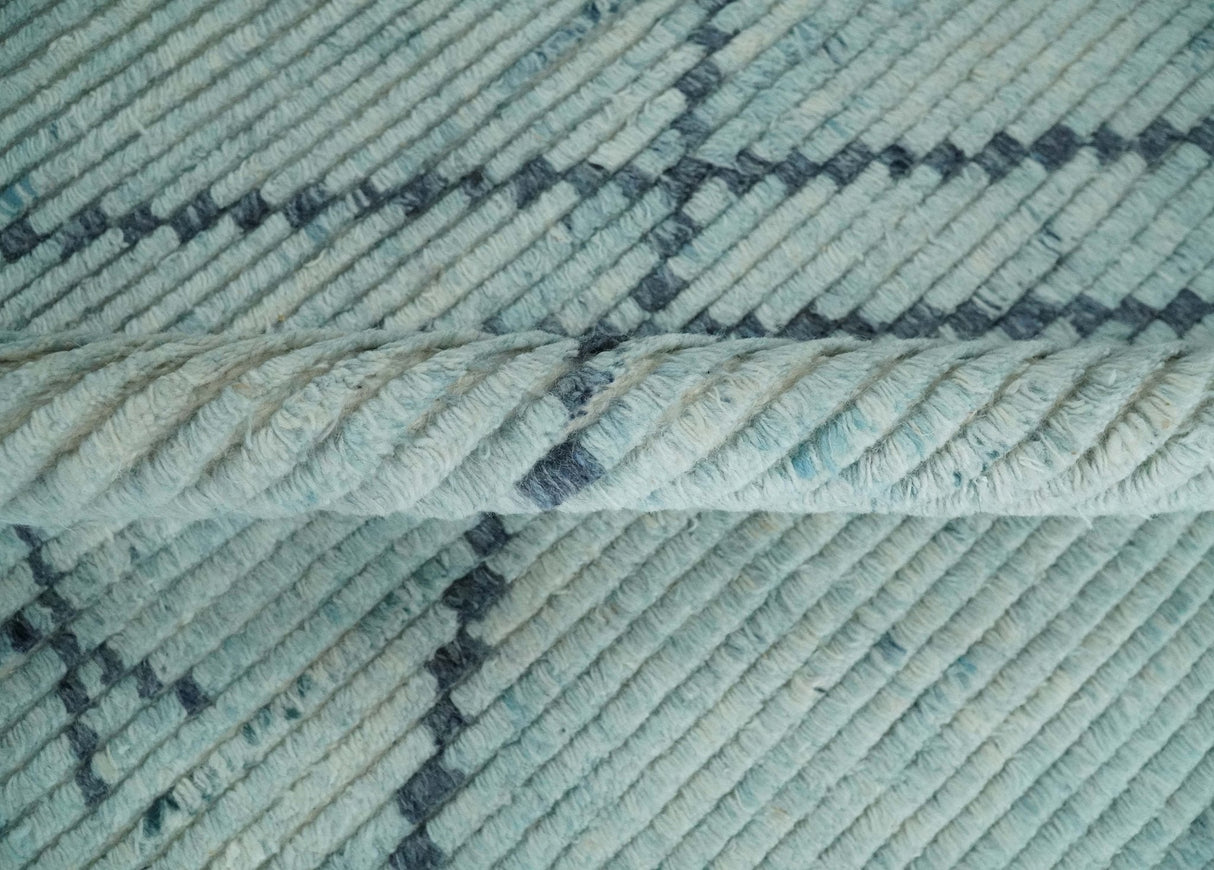Custom Made Hand Woven Silver and Blue Abstract Trellis Moroccan Rug Made with Blended Wool