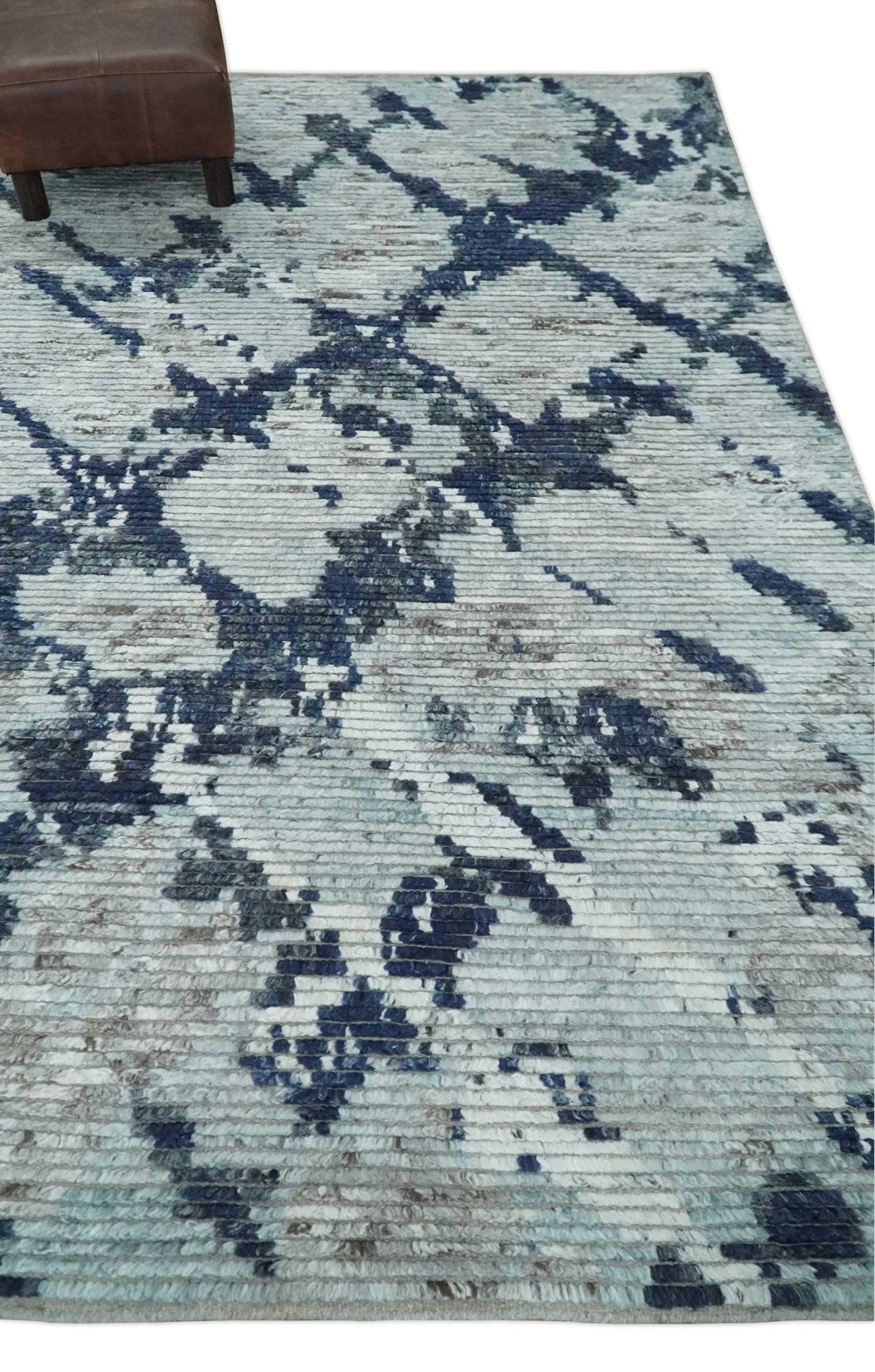 Custom Made Hand Woven Silver, Blue and Charcoal Abstract Trellis Moroccan Rug Made with Blended Wool