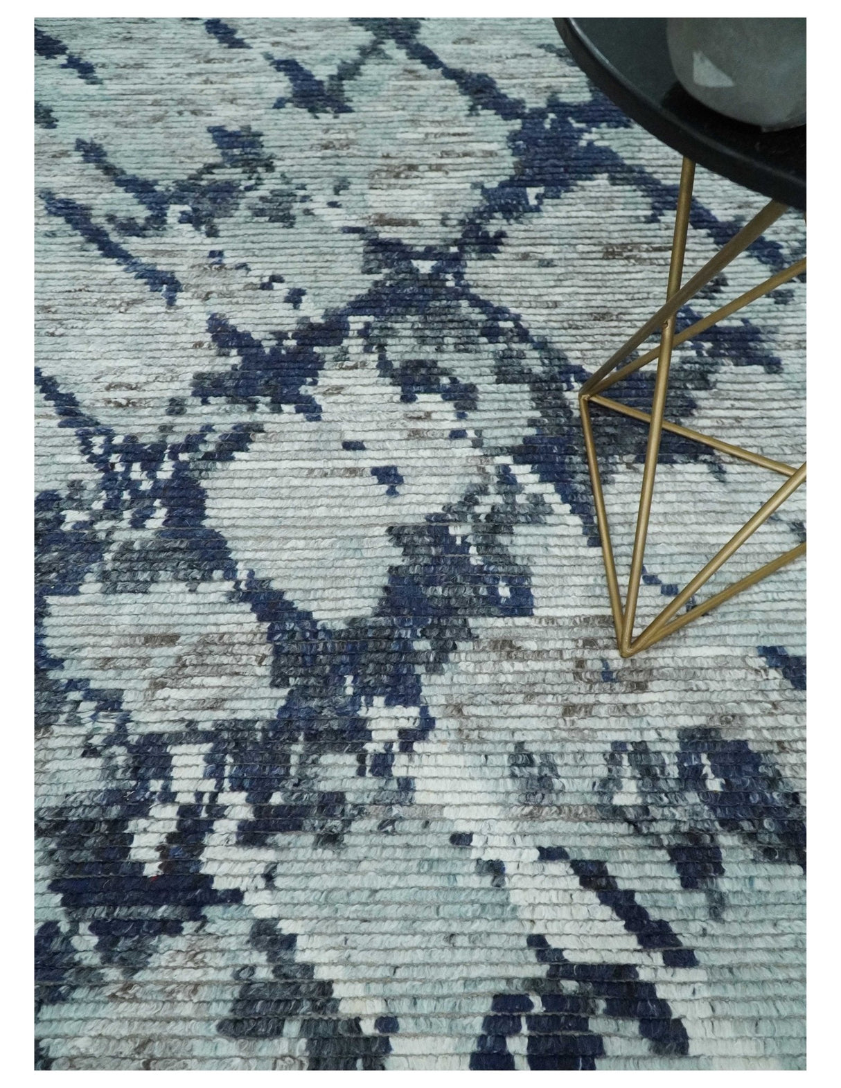 Custom Made Hand Woven Silver, Blue and Charcoal Abstract Trellis Moroccan Rug Made with Blended Wool