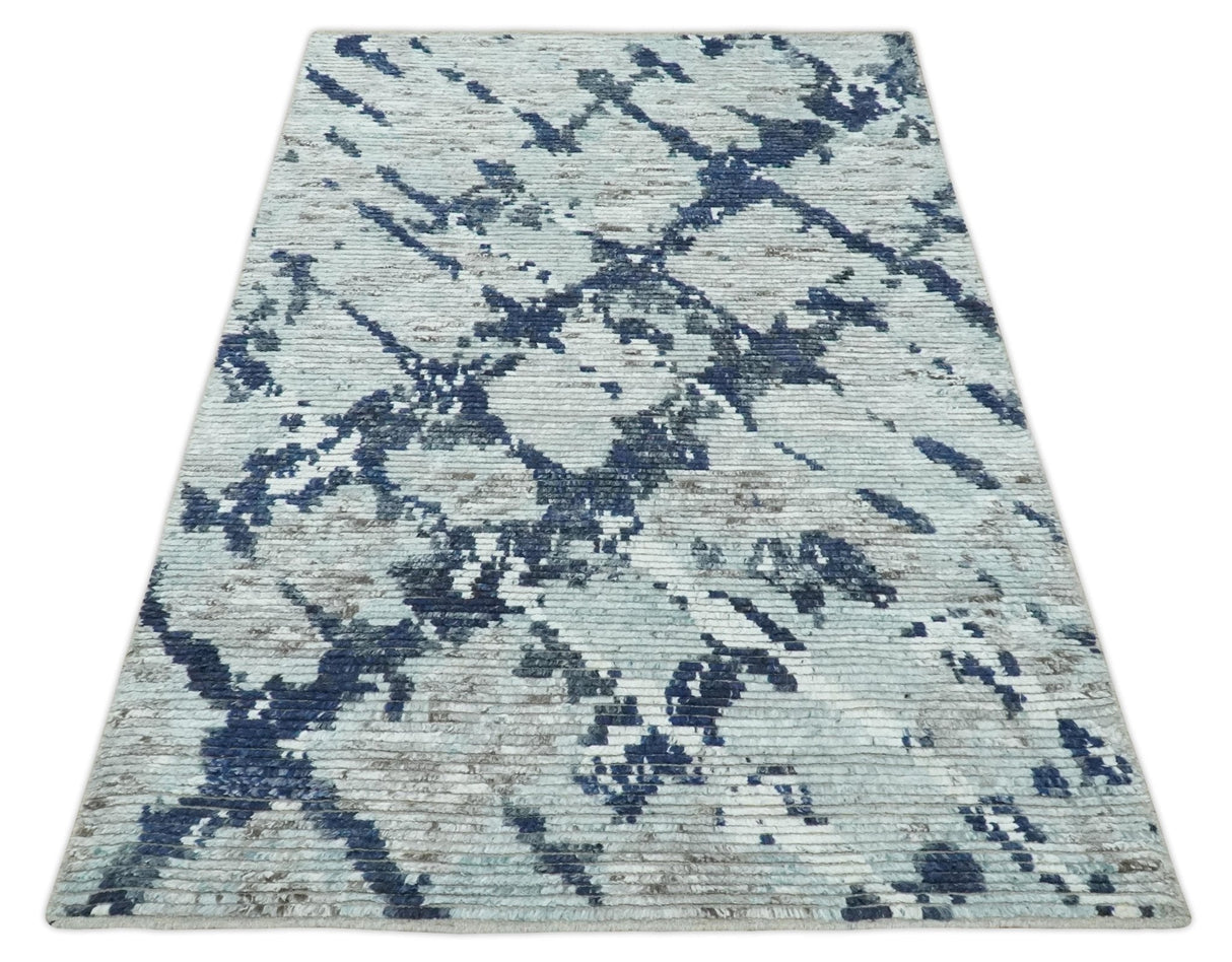 Custom Made Hand Woven Silver, Blue and Charcoal Abstract Trellis Moroccan Rug Made with Blended Wool