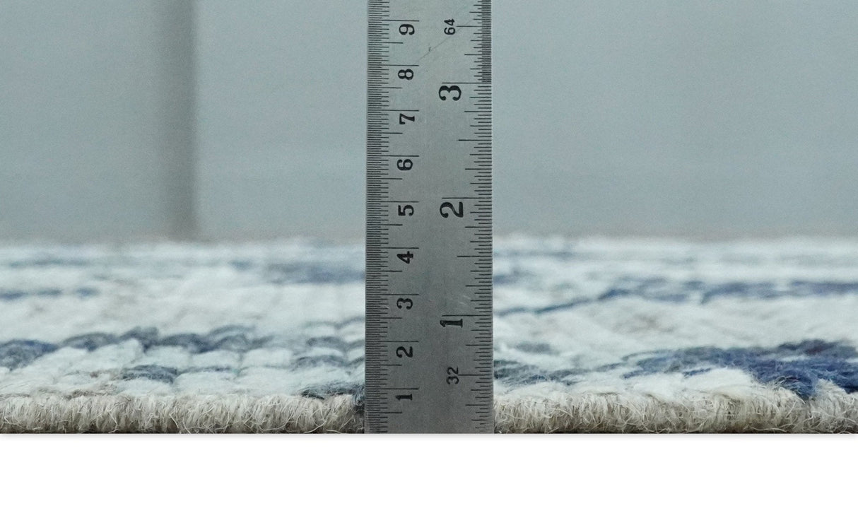 Custom Made Hand Woven Silver, Blue and Charcoal Abstract Trellis Moroccan Rug Made with Blended Wool