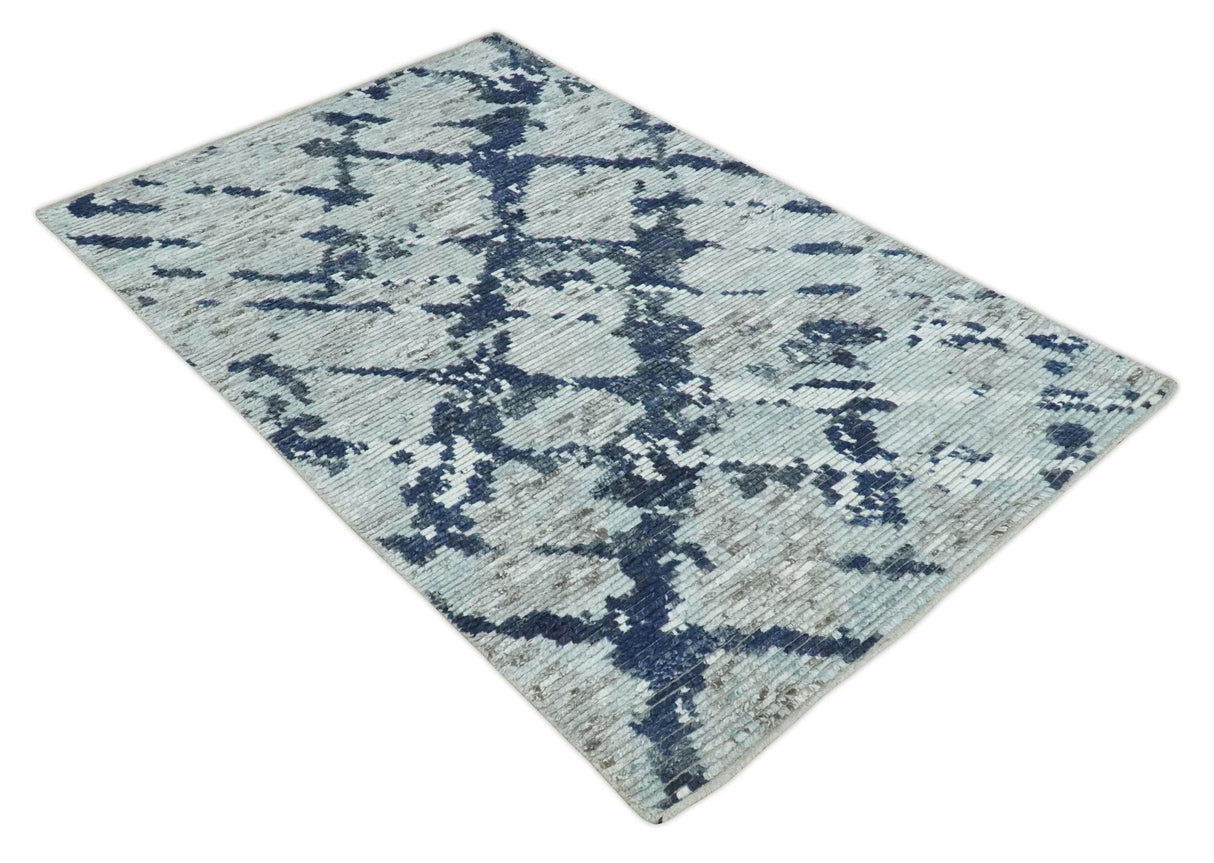 Custom Made Hand Woven Silver, Blue and Charcoal Abstract Trellis Moroccan Rug Made with Blended Wool