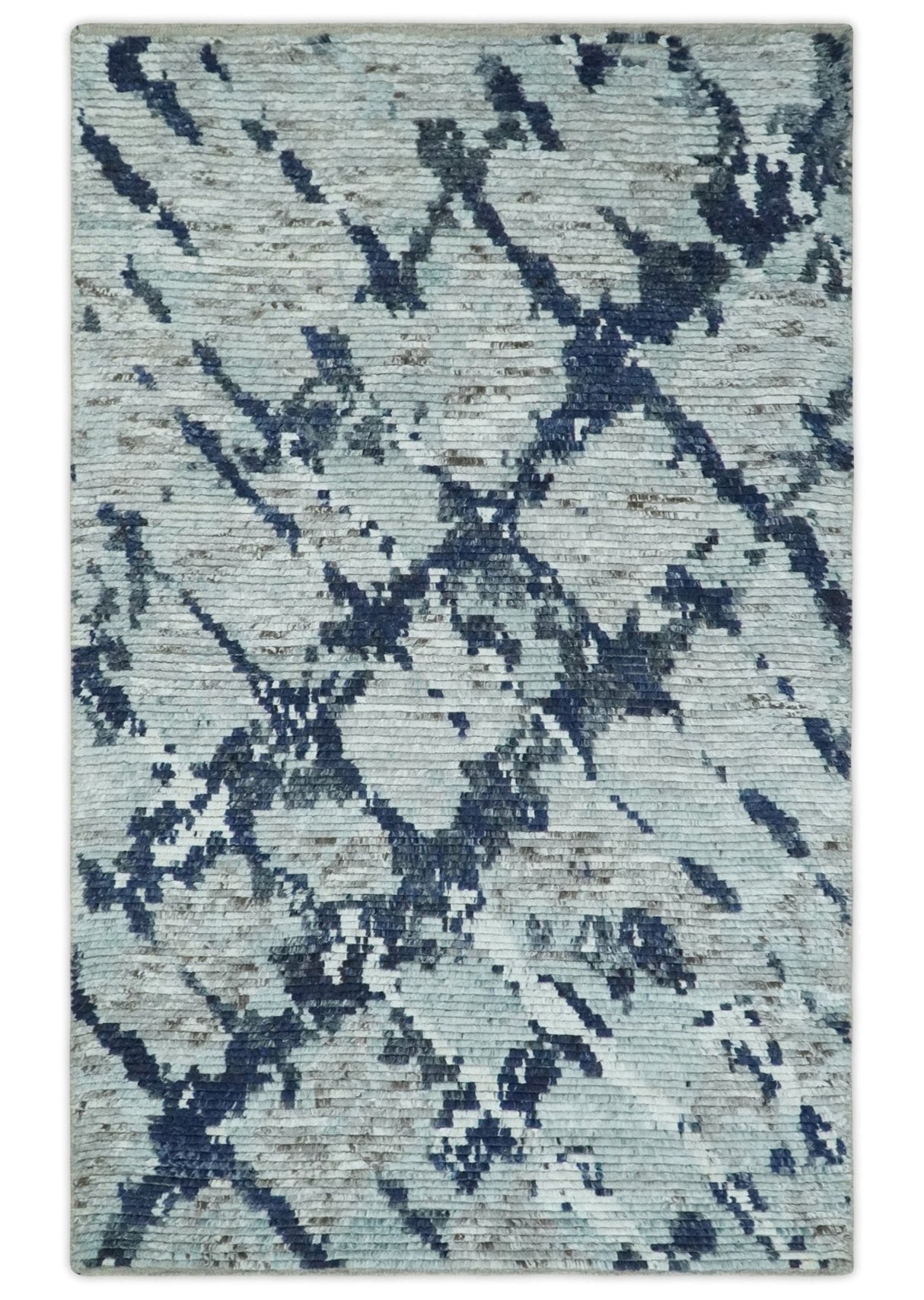 Custom Made Hand Woven Silver, Blue and Charcoal Abstract Trellis Moroccan Rug Made with Blended Wool