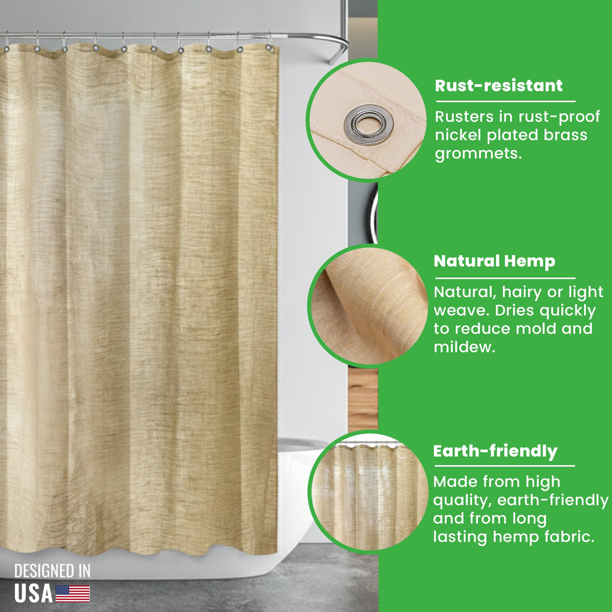Hemp Shower Curtain – Bath, Tub + Stall Sizes – Made in USA